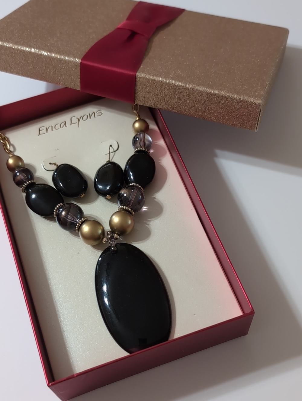 ERICA LYONS Black/Gold Stone Beaded Necklace & Earring Set Boxed Gift NWT